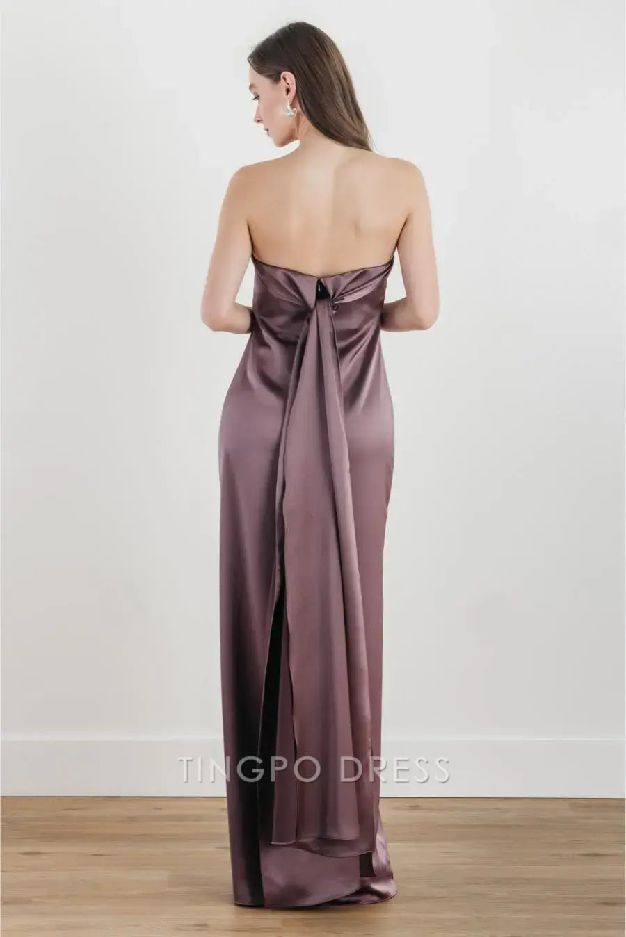 TingPo Wholesale Elegant Plum Purple Satin Strapless Dress - Side Slit Flowy Silhouette